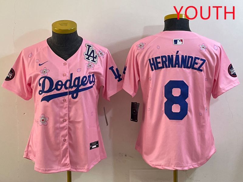 Youth Los Angeles Dodgers #8 Hernandez Pink Sakura Edition 2025 Nike MLB Jersey style 5